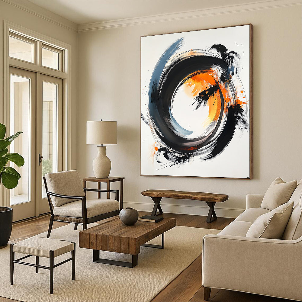 Black, Gray, Orange Swirling Rings - “Energetic Ring Dance” Painting On Canvas HB182