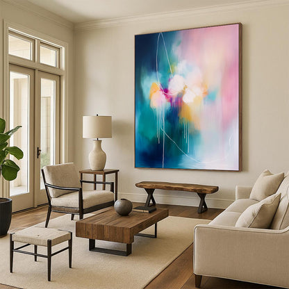 Contemporary abstract painting with soft pink and blue tones, large brush strokes, and white rope-like lines, emphasizing a connection to nature. DLZ1064