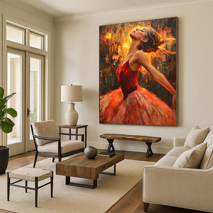 Contemporary hand-painted artwork capturing a ballerina in red dancing gracefully amidst firelight, with a focus on her expressive face. DLZ1091
