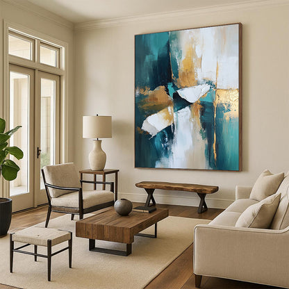 Contemporary abstract painting featuring teal and white tones with gold accents. High-resolution artwork with dramatic lighting and atmospheric quality for stunning visuals. DLZ0444