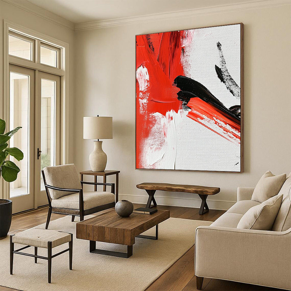 Contemporary abstract painting featuring vibrant red and white strokes on canvas with intricate details reminiscent of traditional ink techniques. DLZ0787