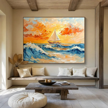 Sailboat on a Colorful Sea at Sunset - Expressive Impasto Seaside Painting On Canvas HB0445