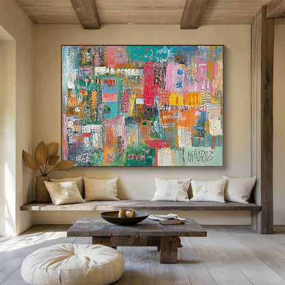 Colorful Urban Mosaic Collage – Mixed - Media Abstract Cityscape Painting HB1473