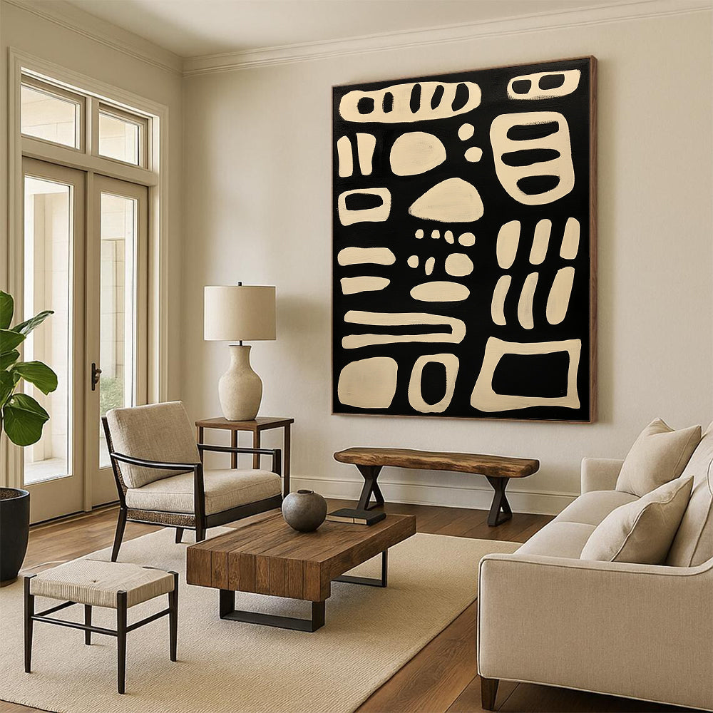 Contemporary hand-painted abstract art featuring bold lines and organic forms on a black background with elegant white isoglyph patterns. DLZ1244