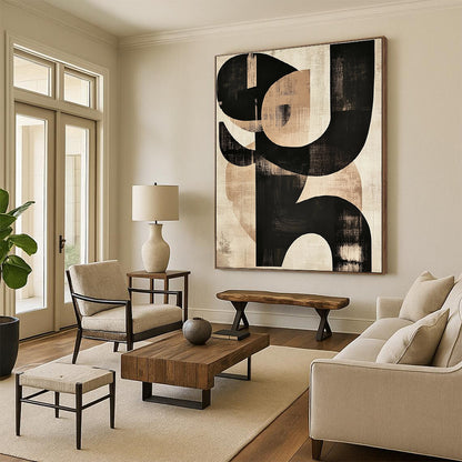 Large contemporary hand-painted abstract art featuring black and beige shapes with prominent S letters on textured paper. DLZ0295