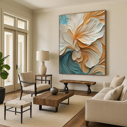 Contemporary abstract artwork featuring elegant warm colors with detailed leaves soft edges and flowing lines in ultra-high definition. DLZ0385