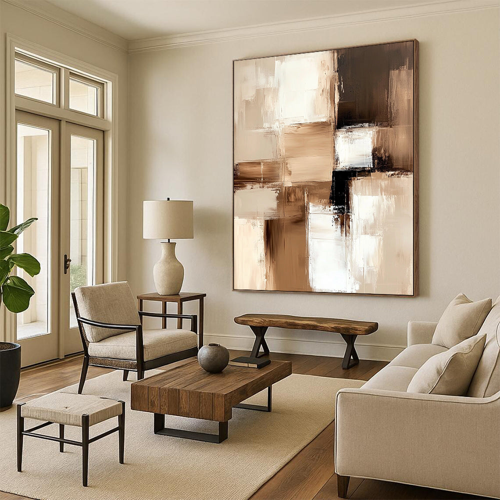 Large contemporary abstract painting featuring beige and white blocks with soft edges and delicate brushstrokes on a textured canvas in neutral tones. DLZ1024