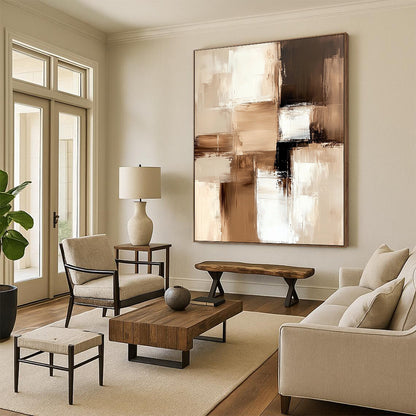 Large contemporary abstract painting featuring beige and white blocks with soft edges and delicate brushstrokes on a textured canvas in neutral tones. DLZ1024