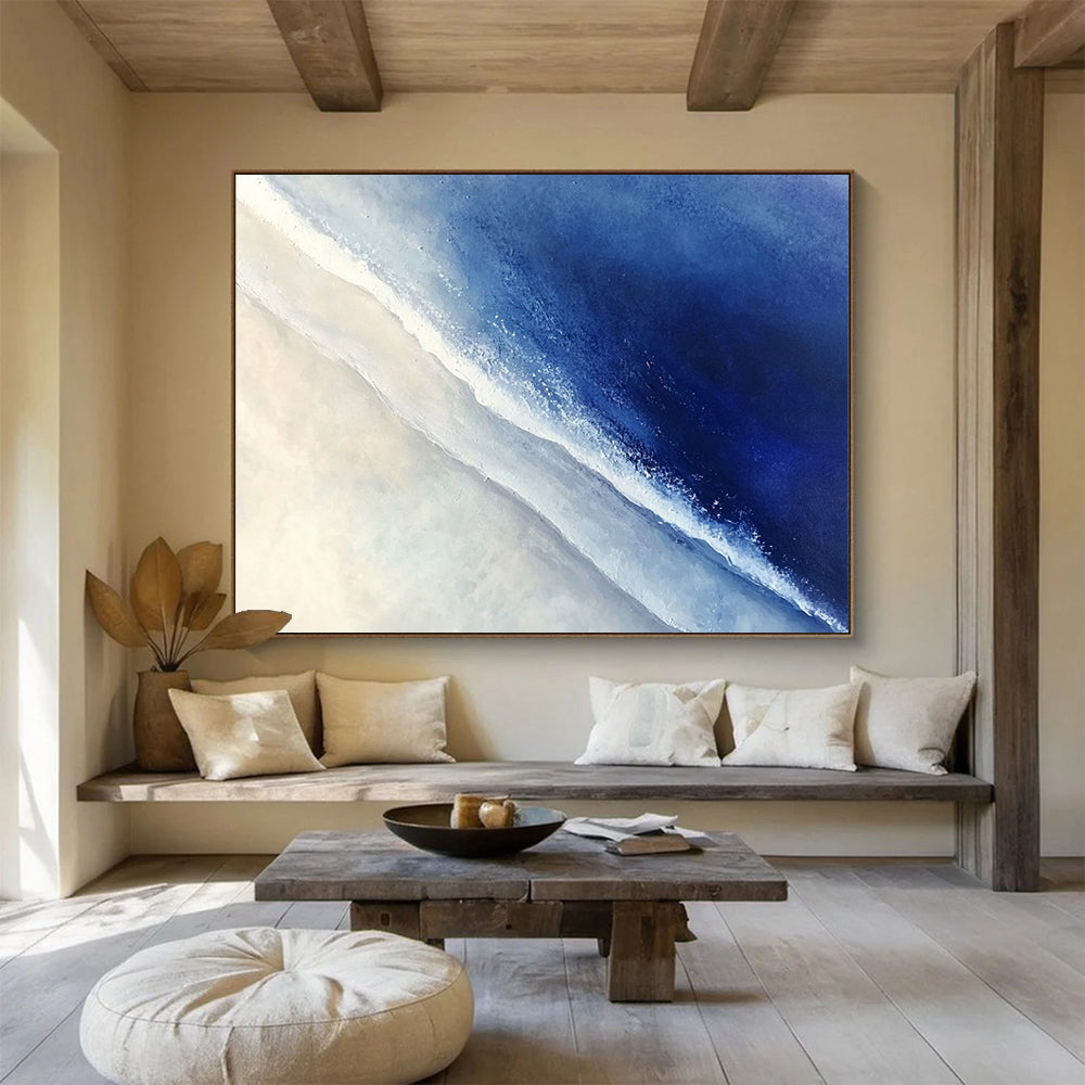 Blue Sea and White Sand Aerial View - Minimalist Coastal Painting On Canvas HB0488