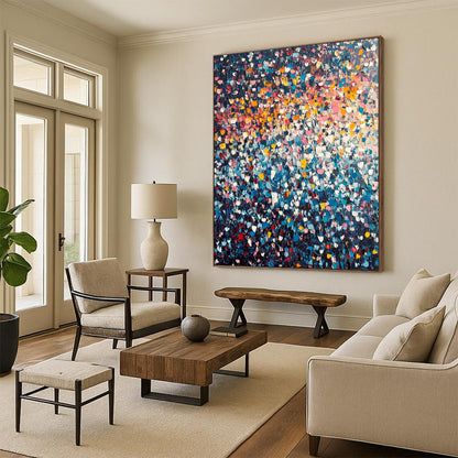 Vibrant contemporary hand-painted abstract artwork featuring a stunning array of tiny flowers in vivid colors against a dark clouded sky. DLZ1007