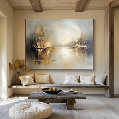 “Misty River with Golden Reflections” - Beige, Gold, Gray, Abstract Serene River Landscape Painting On Canvas HB1094