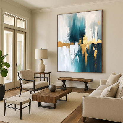 Contemporary abstract artwork featuring gold, teal, and white hues, creating a striking visual impact for modern spaces. DLZ0745