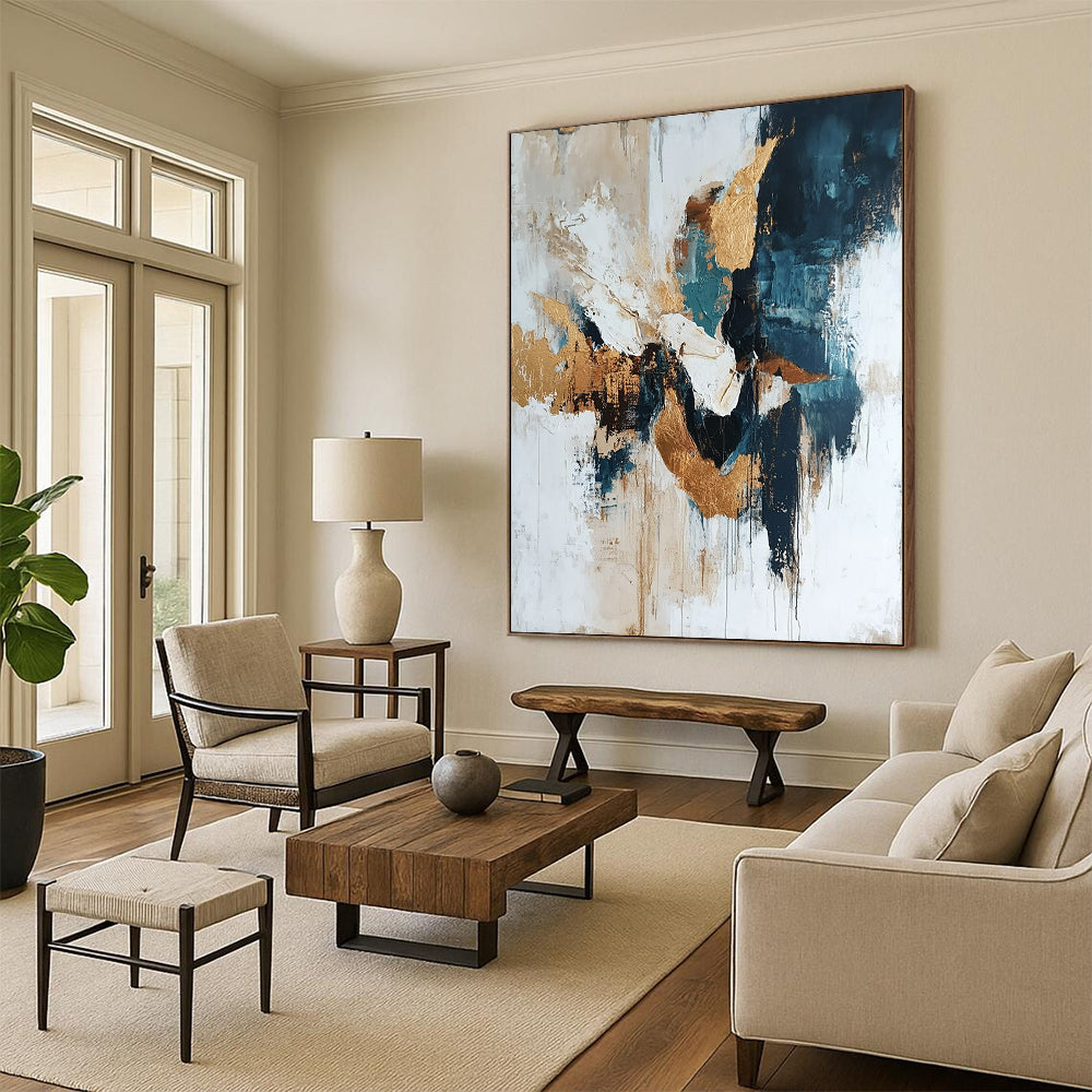 Contemporary abstract artwork featuring gold leafing and glitter on a white background with organic shapes and diverse tones of blue and gray. DLZ0543