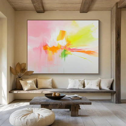 “Vibrant Pastel Abstract Burst” - Pink, yellow, orange, green; Soft pastel abstract with drips; Acrylic Painting On Canvas HB1218