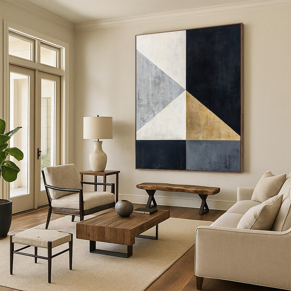 Black, White, Gray, Gold, Geometric Triangles "Gilded Triangles" Abstract Modernist Painting On Canvas HB118