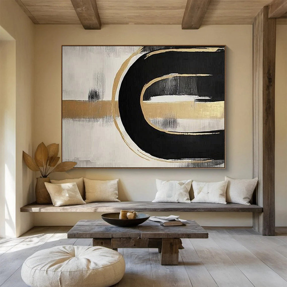 Black, Gold and White Abstract Curves "Elegant Flow" Painting On Canvas HB0412