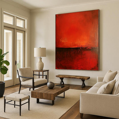 Contemporary abstract painting features a rich red background, smooth red surface, and warm dark brown accents, creating minimalist atmospheric depth and intriguing textures. DLZ1448