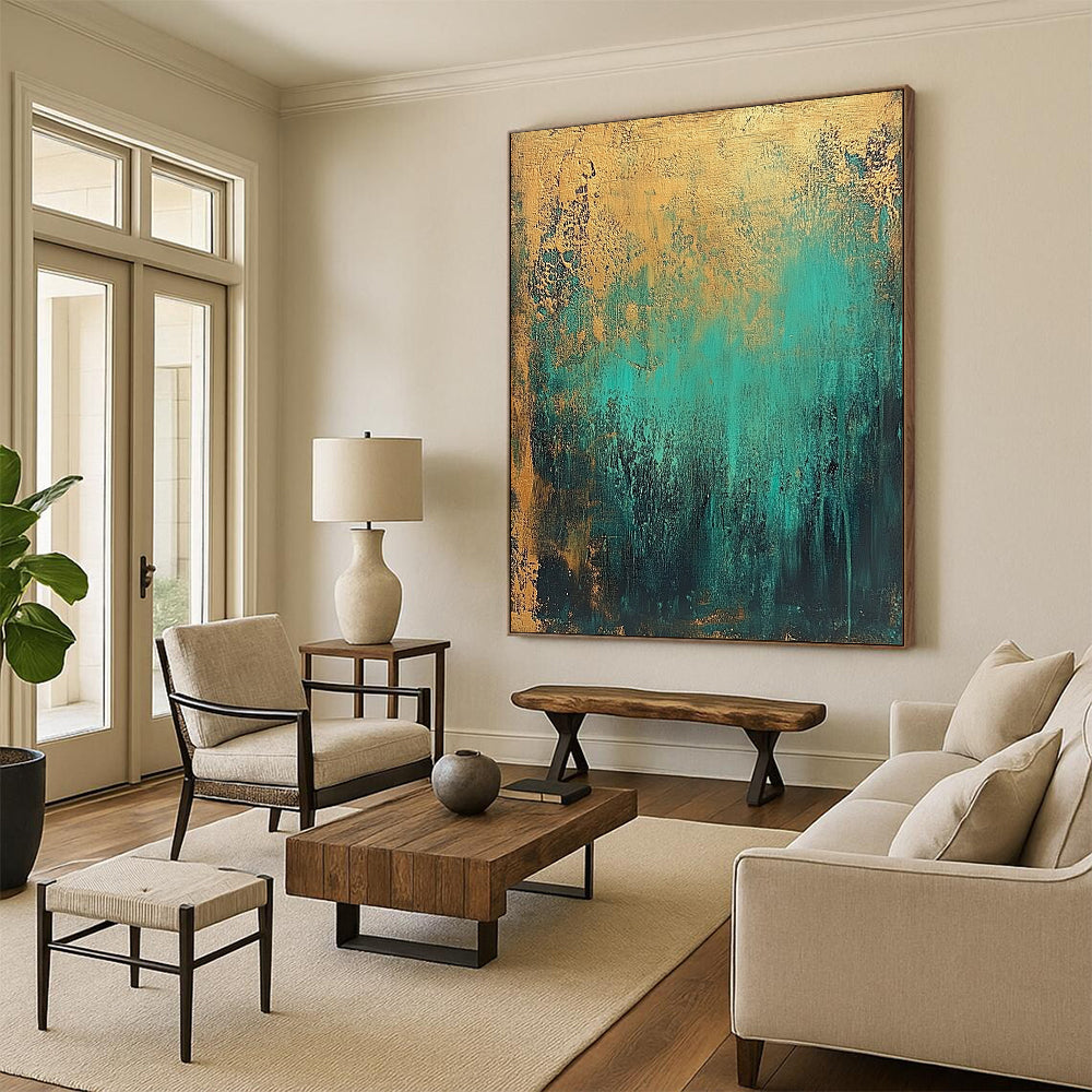 Contemporary hand-painted abstract artwork featuring textured teal and gold tones creates an atmospheric dreamlike effect with depth and elegance. DLZ1066