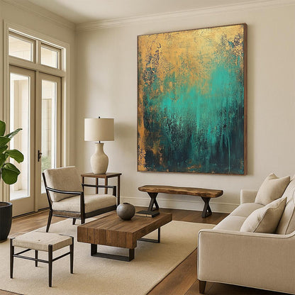 Contemporary hand-painted abstract artwork featuring textured teal and gold tones creates an atmospheric dreamlike effect with depth and elegance. DLZ1066