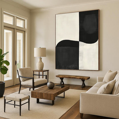 Contemporary abstract painting featuring large black and white shapes inspired by Japandi art and Peter Littleman, perfect for modern decor. DLZ1340