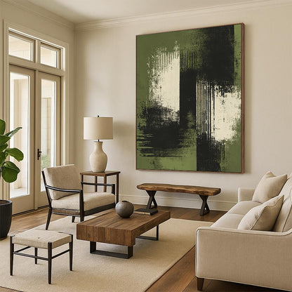 Contemporary hand-painted abstract artwork featuring green and white brush strokes with distressed edges on a dark background and soft tones. DLZ1267