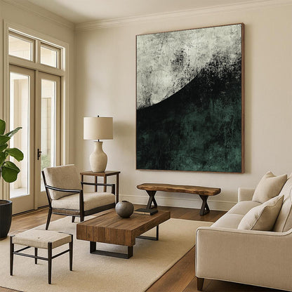 Contemporary abstract artwork featuring a large dark green and grey half circle with textured brushwork and strong negative space in muted tones. DLZ0809