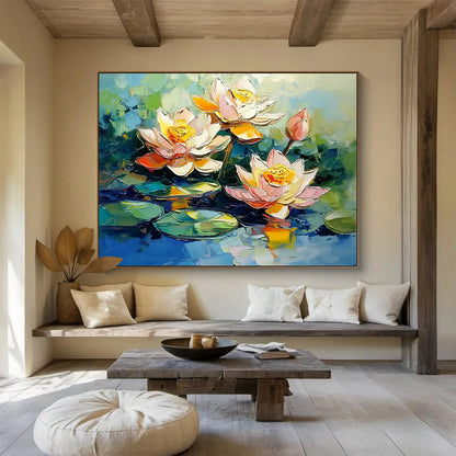 “Impasto Lotus Blossoms” - Pink, White, Yellow, Green, Blue, Thick - textured Lotus Flowers on Water - Impasto Oil Painting HB1766