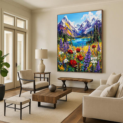 Contemporary hand-painted abstraction featuring vibrant British Columbia mountains snow-capped peaks lush forests and colorful wildflowers in an alpine meadow. DLZ1498