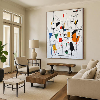 Contemporary abstract artwork featuring expressive shapes in vibrant colors with black red circles green blue squares and dynamic lines evocative of Joan Miró's style. DLZ1511