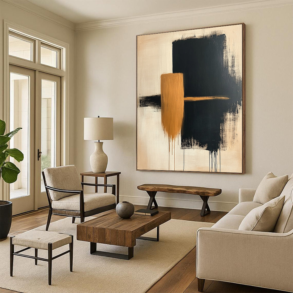 Contemporary hand-painted abstract artwork featuring simple beige and black shapes on canvas with a textured finish. DLZ0533