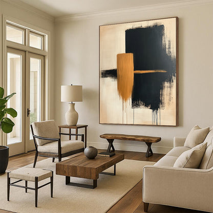 Contemporary hand-painted abstract artwork featuring simple beige and black shapes on canvas with a textured finish. DLZ0533