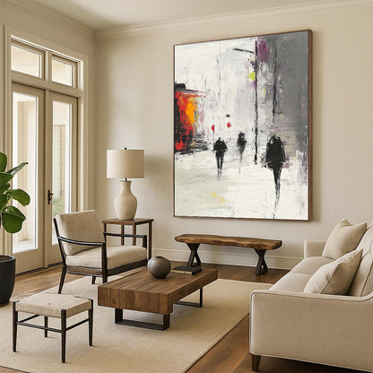 Contemporary hand-painted abstract artwork depicting an urban scene in gray and white with red accents featuring people walking in the rain. DLZ0968