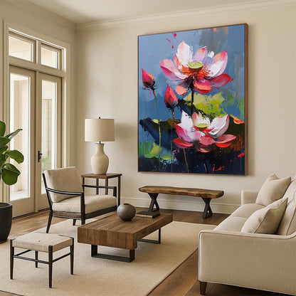 Contemporary hand-painted abstract artwork features vibrant lotus flowers with pink and red petals against a blue background creating a lively atmosphere. DLZ0423