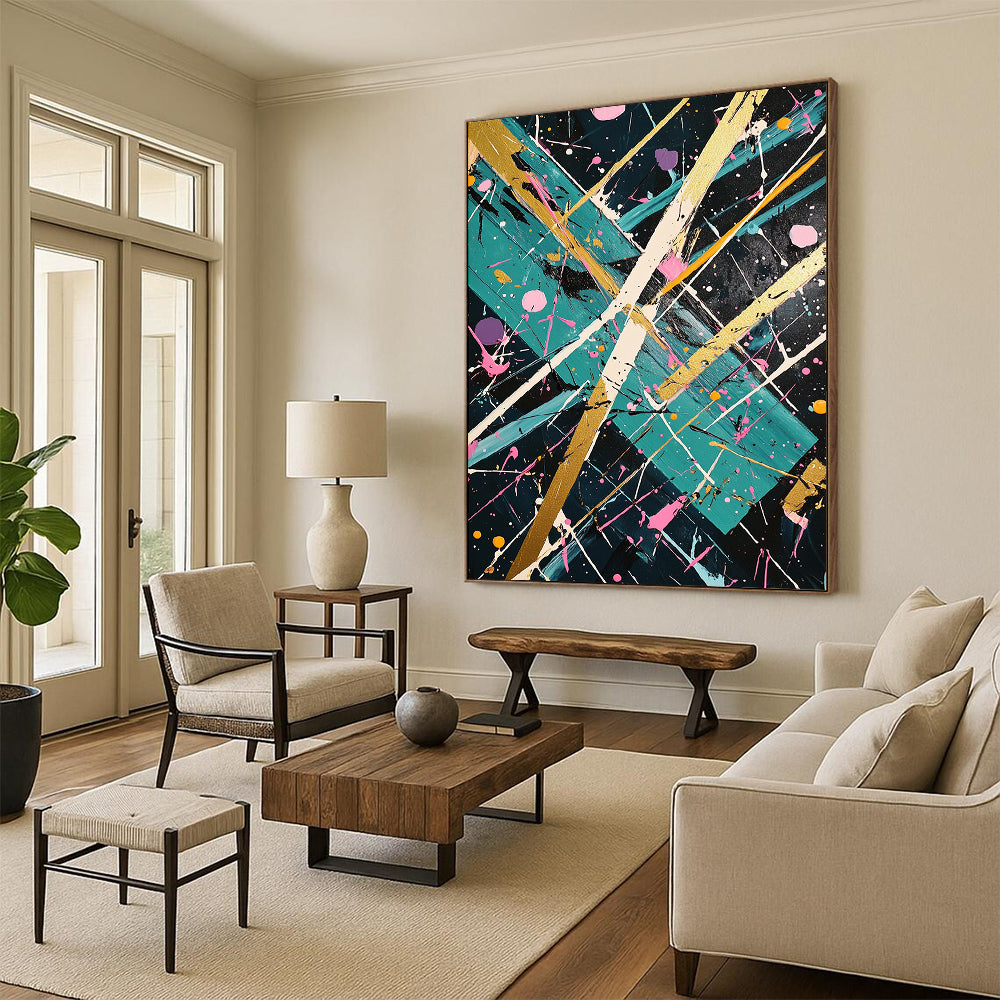 Dark Green, Gold, Pink, White, Geometric Splashes "Eclectic Fusion" Abstract Painting On Canvas HB030