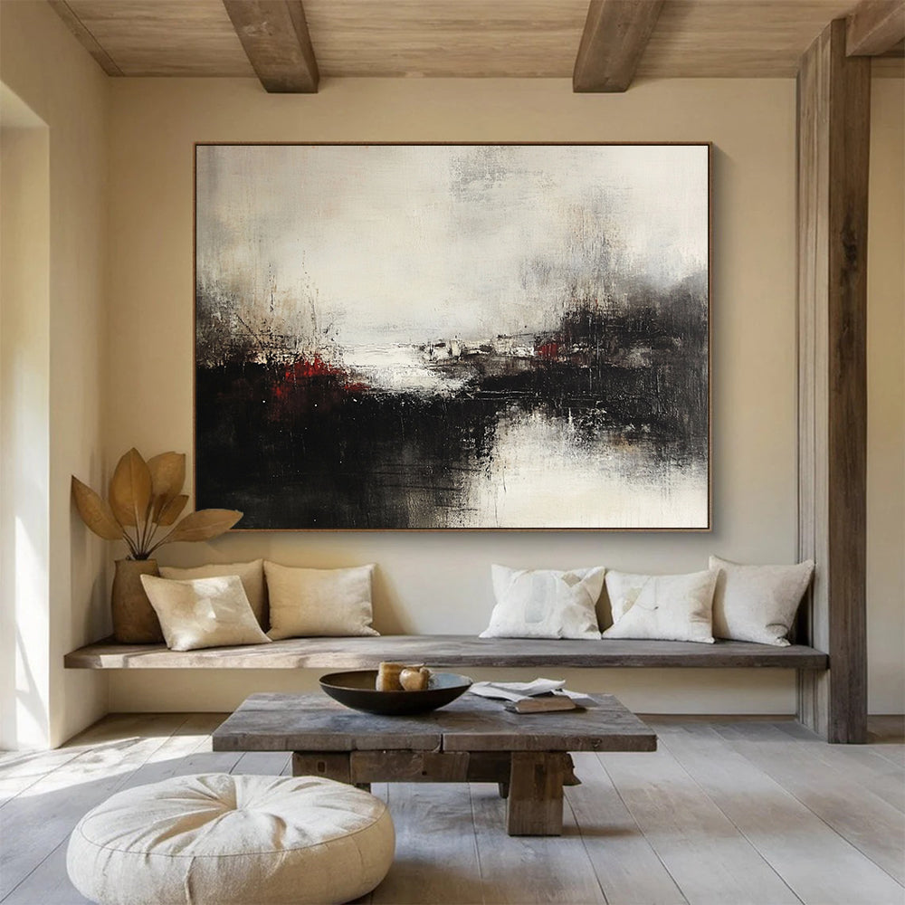 Black, White, and Red Abstract Landscape - “Moody Terrain” Painting On Canvas HB1450