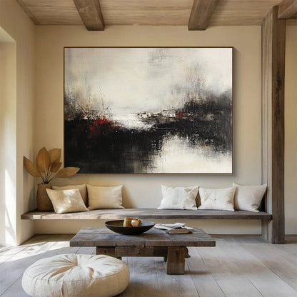 Black, White, and Red Abstract Landscape - “Moody Terrain” Painting On Canvas HB1450