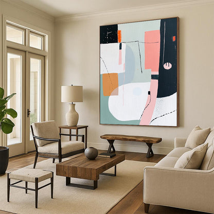 Contemporary hand-painted abstract art featuring shapes and lines in pink white grey green orange and black with a figure wearing headphones. DLZ0995