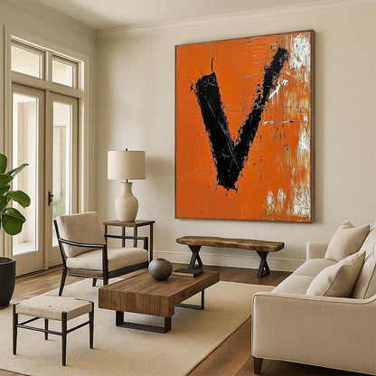 Contemporary abstract artwork featuring bold black "V" on vibrant orange background with expressive brush strokes and palette knife technique. DLZ1324