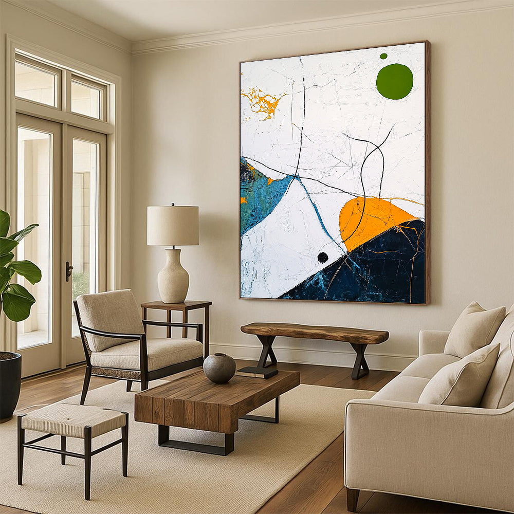 Contemporary abstract artwork featuring a white sky, light blue and dark green lines, a yellow outlined circle, an orange oval, and a green dot. DLZ0609