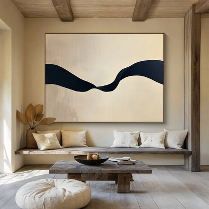“Black Ribbon on Beige” - Black, Beige, Curved Ribbon Shape - Minimalist Acrylic Painting HB1666