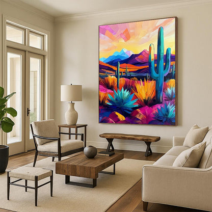 Vibrant modern abstract painting showcasing the Arizona desert with cacti and mountains in bold pink, blue, purple, yellow, and orange hues. DLZ1124