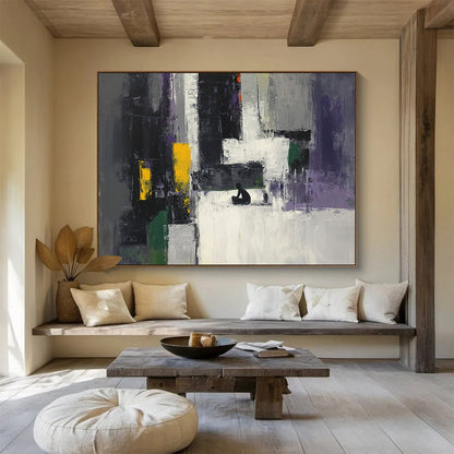 “Colorful Abstract with Figure” - Gray, Purple, Yellow, Green, Figure Silhouette - Painting On Canvas HB1428