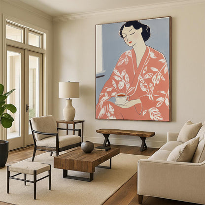 Contemporary abstract artwork features a woman in a pink kimono holding tea adorned with a white flower pattern inspired by Matisse's vibrant style. DLZ1597