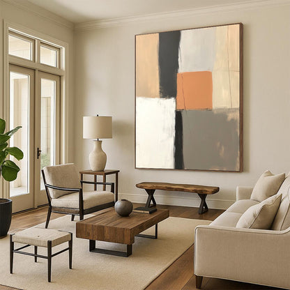 Contemporary hand-painted abstract artwork featuring muted pastel shades with an orange square and contrasting black line for a serene ambiance. DLZ1319