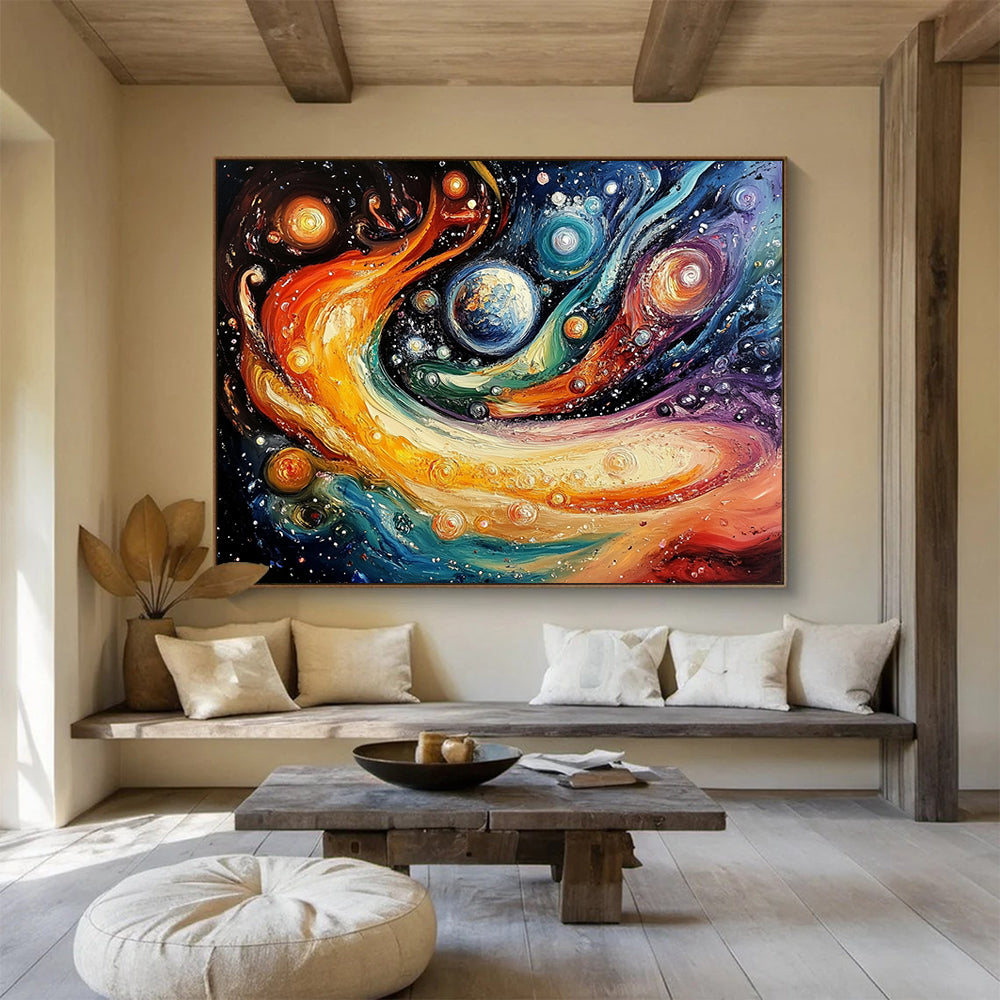“Cosmic Color Swirl” - Multicolor, Planets, Cosmic Swirl Painting On Canvas HB0740