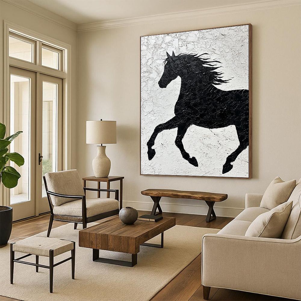 Contemporary abstract painting featuring a textured black horse silhouette on white paper emphasizing strength and freedom through impasto technique and expressive brushstrokes. DLZ1462