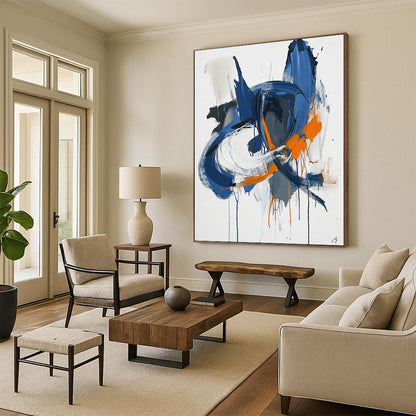 Contemporary abstract artwork features blue white and orange lines with paint drips and organic shapes on paper minimalist style by Sai Ren Wong. DLZ1027