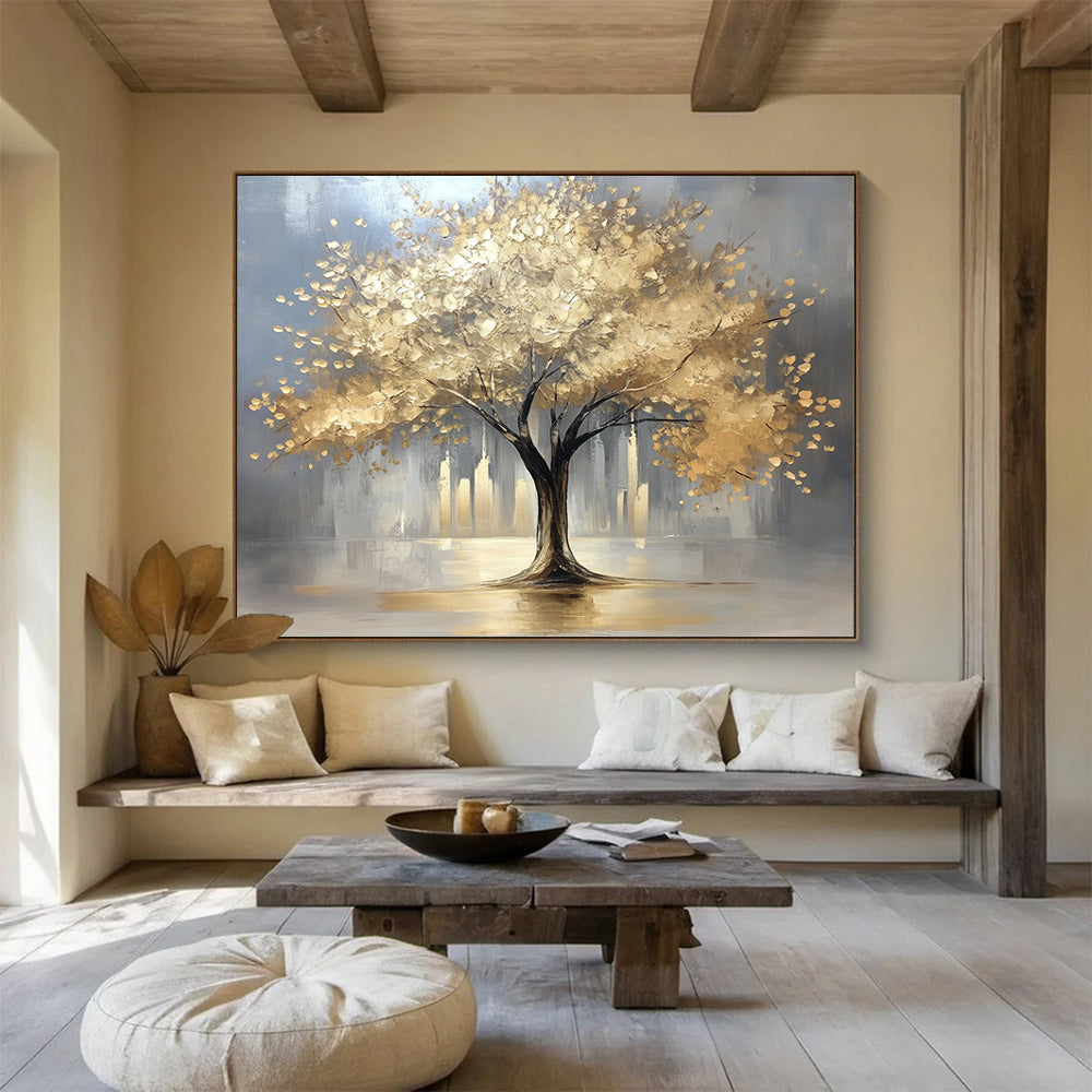 “Golden Tree in City” - Gray background, golden foliage, cityscape, Textured Tree Painting On Canvas HB0592