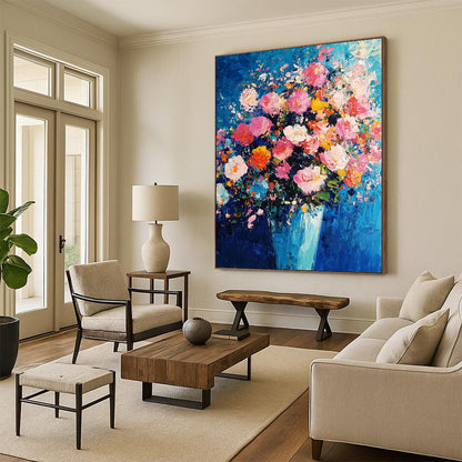 Abstract expressionism captures vibrant pink and blue hues with thick brush strokes and texture, creating a dynamic floral arrangement against an indigo background. DLZ1277
