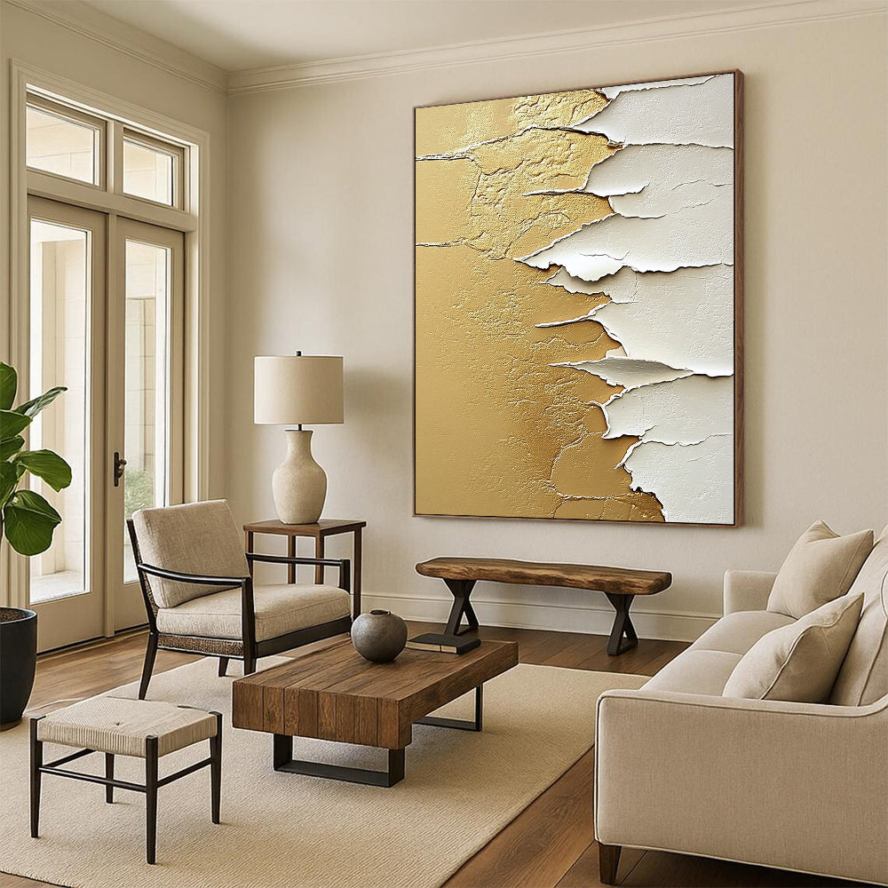 Contemporary abstract painting features textured white paper on golden sand with intricate details in beige and gold tones creating a captivating composition. DLZ1439
